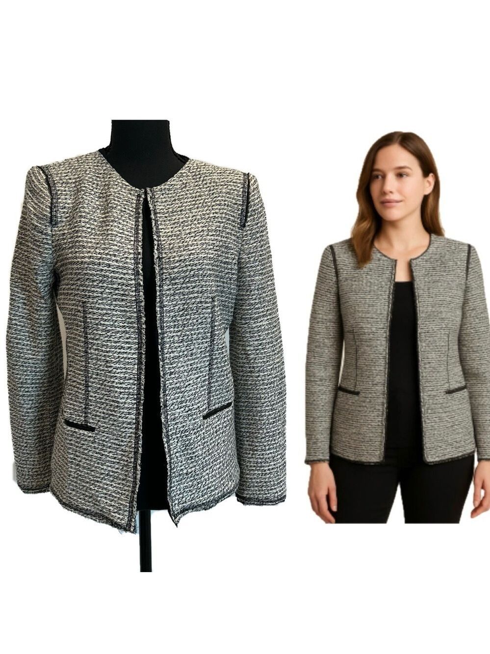 Zara Ivory white black metallic silver tweed long sleeve open front blazer Sz M